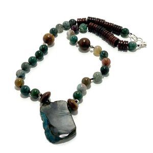 NWT Styled by Christa handmade green agate and wood pendant necklace.